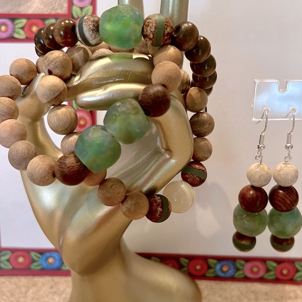 3 stretch bracelets with a pair of matching earrings